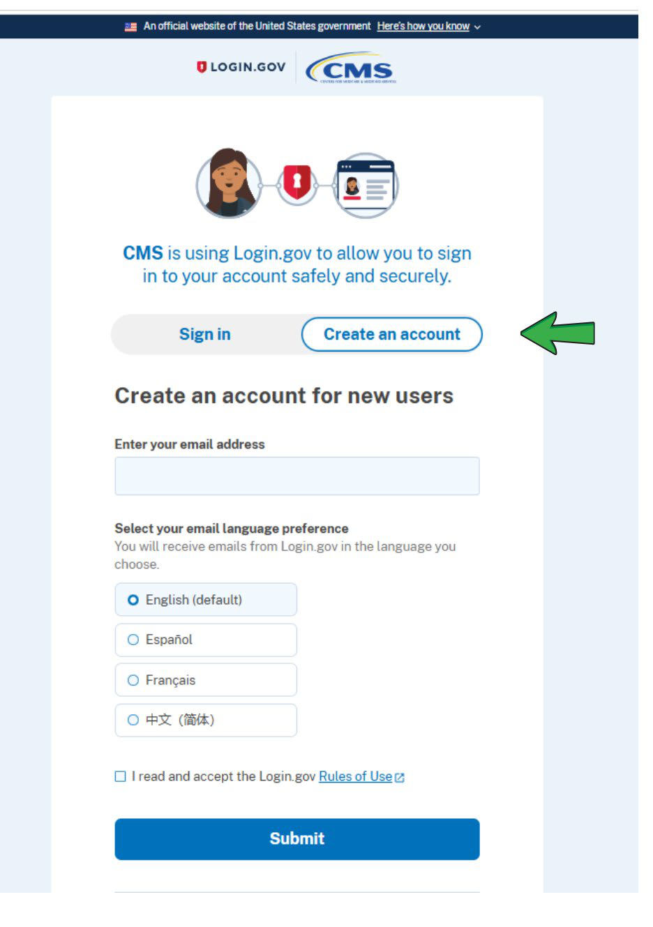 Login.gov sign-in and account creation screen