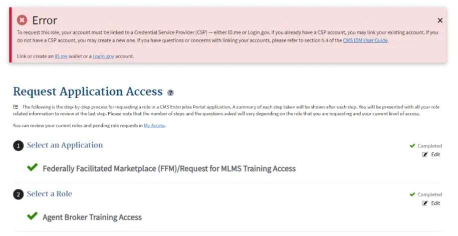 CMS error shown when account linking has not been completed