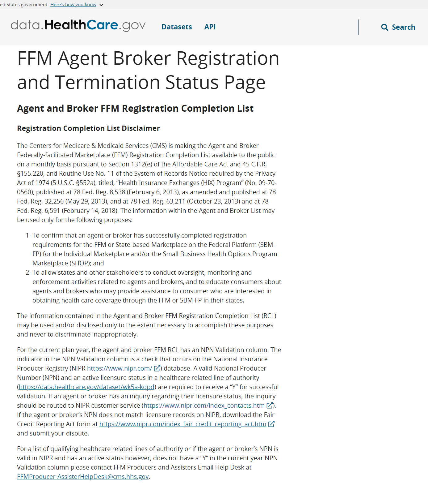 Agent and Broker FFM Registration Completion List example