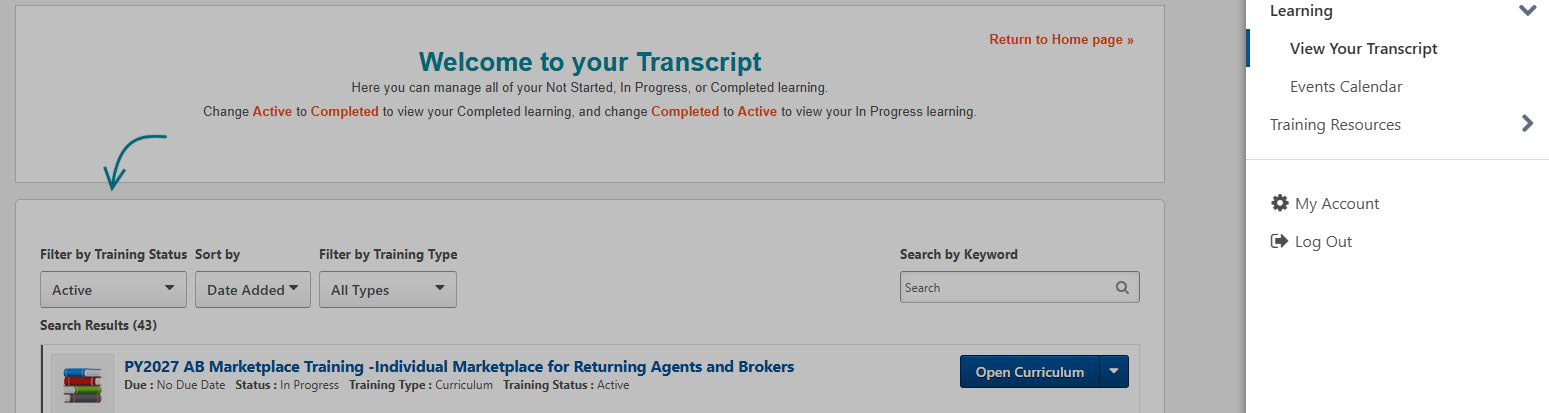 Returning Agent and Broker training shown as Active in the MLMS transcript